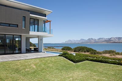 View of lake from modern house